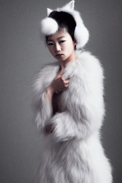 Prompt: full body aesthetic photograph of a beautiful young japanese woman wearing furry white cat ears, by Nick Knight, headshot, realistic, photorealistic, HD, 4k resolution