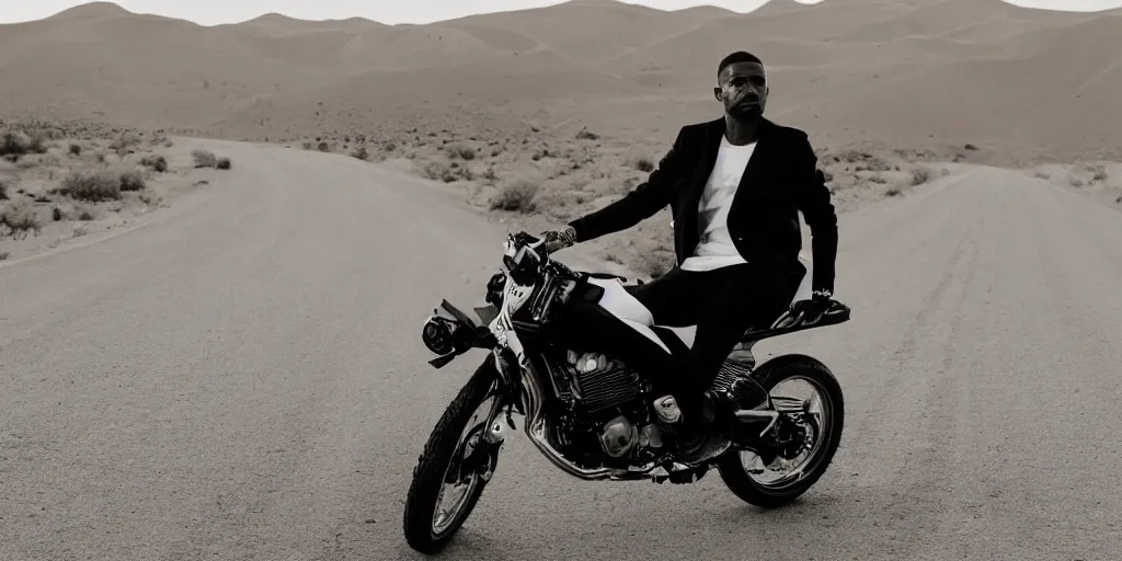 Prompt: Frank ocean wearing a black and white suit, riding a motorcycle in the desert on a road