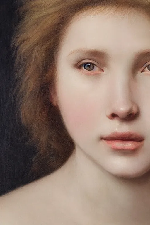 Prompt: hyperrealism extreme close-up portrait of beautiful young female In the lion's skin, pale skin, wearing white silk, in style of classicism