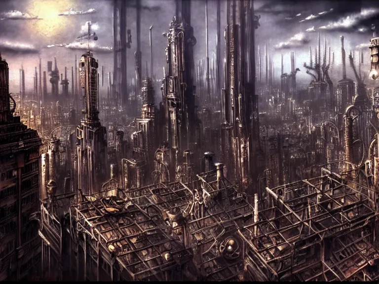 Prompt: landscape of a steampunk metropolis, full of skyscrappers, buildings, robotic angel creatures, gritty, dirty, rusty, matte painting, by hayao miyazaki