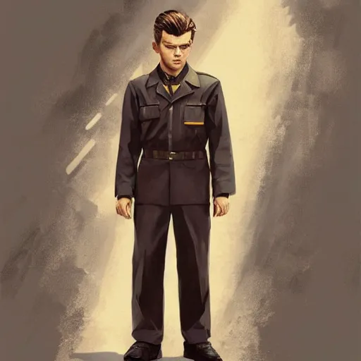 Image similar to a highly detailed epic cinematic concept art CG render digital painting artwork costume design: young James Dean as a well-kept neat perfect formal student in a 1950s USSR school uniform. By Greg Rutkowski, Ilya Kuvshinov, WLOP, Stanley Artgerm Lau, Ruan Jia and Fenghua Zhong, trending on ArtStation, made in Maya, Blender and Photoshop, octane render, excellent composition, cinematic atmosphere, dynamic dramatic cinematic lighting, cinematic colors, aesthetic, very inspirational, arthouse