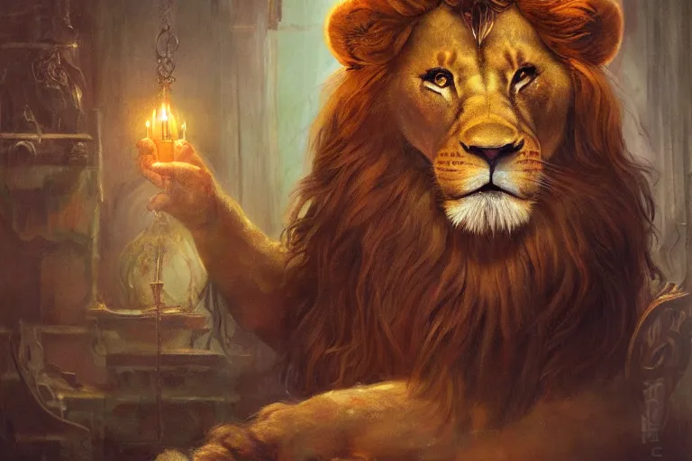 Prompt: An antropomorphic lion dressed as king in a Gothic atelier, oil painting, detailed, colorful, 4k, dimly lit, in the style of Yanjung Chen and Tom Bagshaw