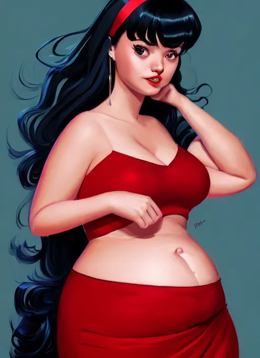 Image similar to full body portrait of teenage veronica lodge, obese, bangs, sultry, realistic, sultry smirk, wavy hair, red skirt, fat, belly, intricate, elegant, glowing lights, highly detailed, digital painting, artstation, concept art, smooth, sharp focus, illustration, art by wlop, mars ravelo and greg rutkowski