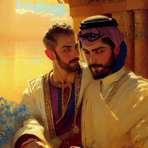 Image similar to attractive fully clothed arab king confesses his love for his attractive fully clothed male prince. highly detailed painting by gaston bussiere, craig mullins, j. c. leyendecker