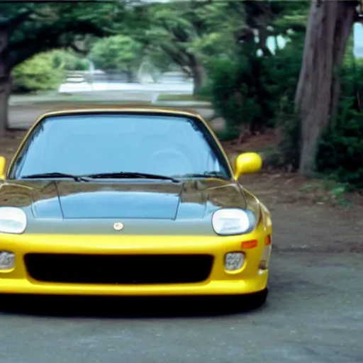 Image similar to yellow RX-7 in film Drive (2012) screen cap ryan gosling driver wide angle 22mm lens cinematic shot