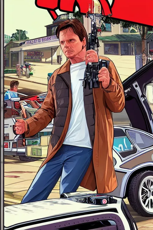 Image similar to GTA V cover art based on Back to the Future, starring Marty Mcfly, played by Michael J Fox. Marty Mcfly on the cover.