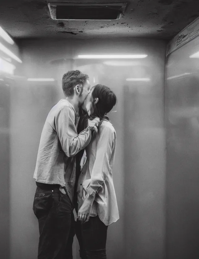 Prompt: couple of boy and girl kiss in a subway underground, radiates strong aura light, wide angle polaroid photograph with flash, kodak film stock, hyper real, stunning moody cinematography, with anamorphic lenses, by maripol, detailed