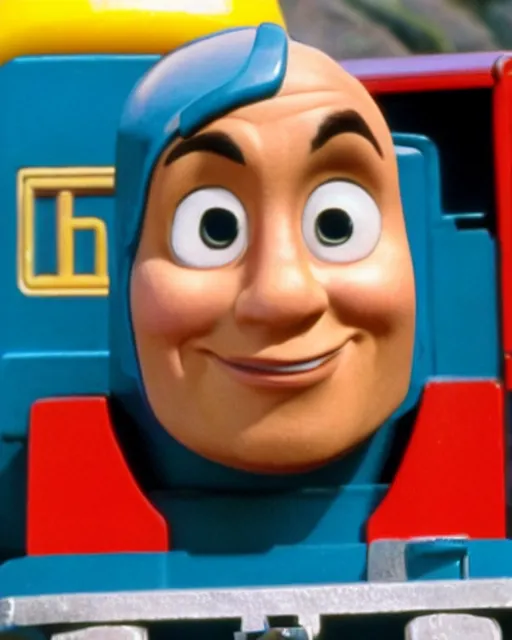 Image similar to Film still close-up shot of Dwayne Johnson as the Thomas the Tank Engine from the movie Thomas and the Magic Railroad. Photographic, photography