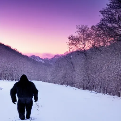 Prompt: a purple gorila, walking in snow, sunrise, wide photo, 4 k