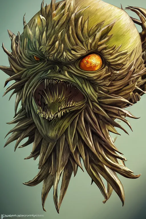 Image similar to a humanoid figure artichoke monster with large sphere eyes and a voracious mouth, highly detailed, digital art, sharp focus, trending on art station, plant, anime art style