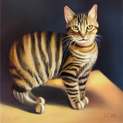 Prompt: tabby cat in front of a dark background, oil paining, highly realistic, romantic style