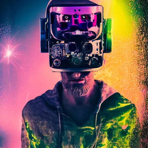 Image similar to Beautiful Photo of Arduino Uno in the robot's head. beard man. Cyberpunk. splatterpunk. 4K