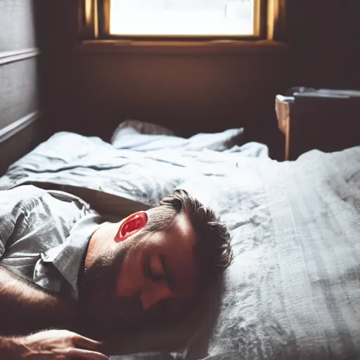 Prompt: guy sleeping on his bed face down shutter letting in sunlight bed is a mess