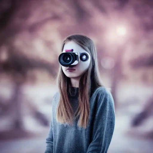 Prompt: , a girl poses for a photographer who is a robot, 5 0 mm lens, f 1. 4, sharp focus, ethereal, emotionally evoking, head in focus, volumetric lighting, blur dreamy outdoor,