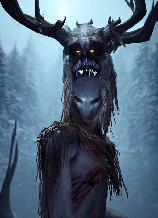 Image similar to wendigo ultra detailed fantasy, elden ring, realistic, dnd character portrait, full body, dnd, rpg, lotr game design fanart by concept art, behance hd, artstation, deviantart, destiny 2, global illumination radiating a glowing aura global illumination ray tracing hdr render in unreal engine 5