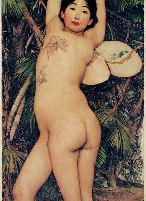 Prompt: a beautiful asian girl with a coconut tree tattoo on her stomach by Norman Rockwell