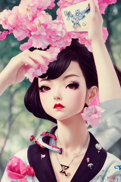 Image similar to a pin up and beautiful fashion dreamlke japan girl with lv jewelry, character art, art by artgerm and wlop and and ilya kuvshinov, hyperdetailed, 8 k realistic, symmetrical, frostbite 3 engine, cryengine, dof, trending on artstation, digital art, chanel, dior, fantasy background