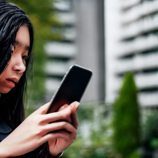 Image similar to candid photographic portrait of a poor techwear mixed young woman using a phone inside a dystopian city, closeup, beautiful garden terraces in the background, sigma 85mm f/1.4, 4k, depth of field, high resolution, 4k, 8k, hd, full color