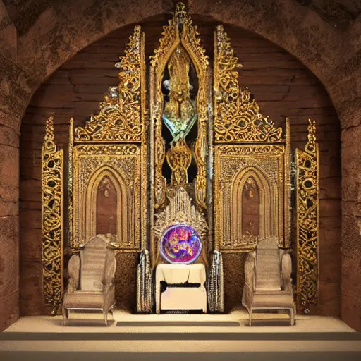 Prompt: a medieval throne room with a table and crystals as seats