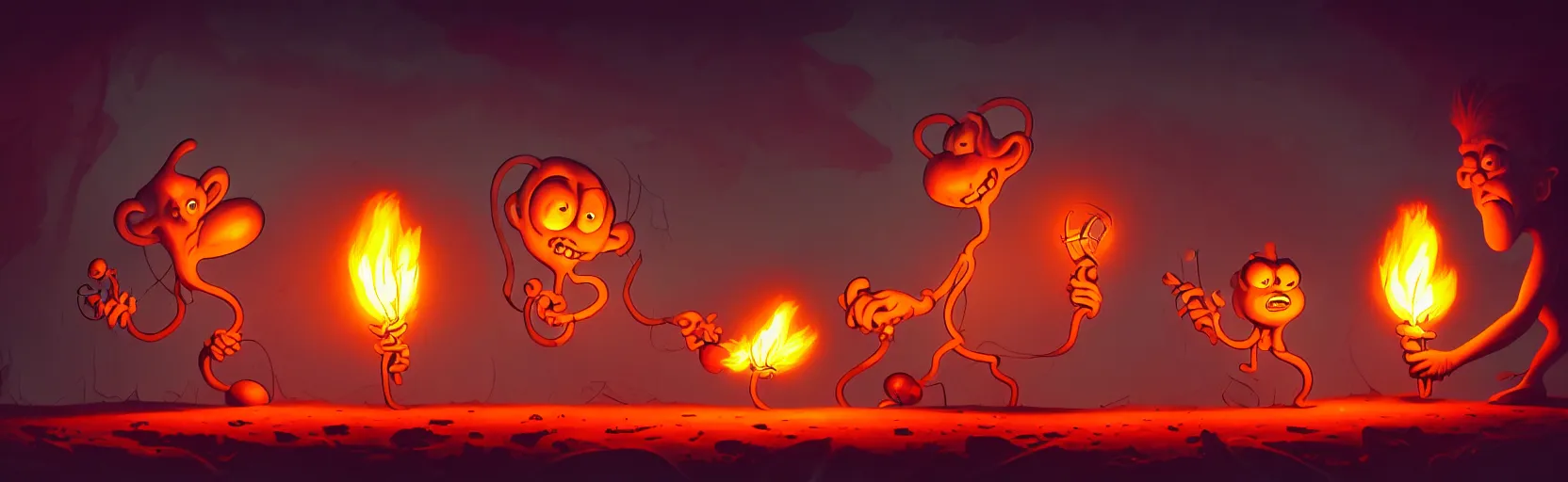 Prompt: wild whimsical mutants from the depths of a wasteland deep in the imaginal realm, dramatic lighting from fiery torches, surreal fleischer cartoon characters, shallow dof, surreal painting by ronny khalil