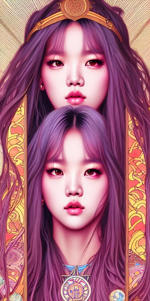 Image similar to lalisa manoban of blackpink, goddess of the moon, tarot card, highly detailed, digital painting, smooth, sharp focus, illustration, ultra realistic, 8 k, art by artgerm and alphonse mucha