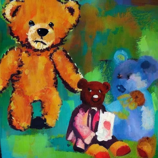 Image similar to teddy bear picnic with big macs, impressionist and abstract paint, modern art