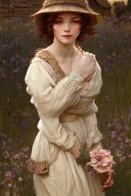 Image similar to beautiful cottagecore young peasant maiden, innocent, intricate, elegant, highly detailed, digital painting, artstation, concept art, smooth, sharp focus, illustration, art by artgerm and greg rutkowski and alphonse mucha