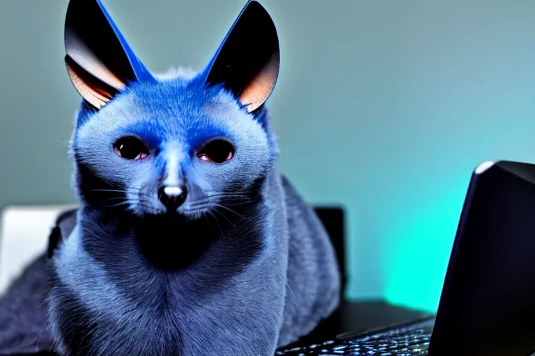 Image similar to a blue - and - black male catbat fursona with blue / green heterochromatic eyes and huge bat ears, photo of the catbat on his computer