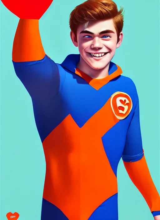 Image similar to friendly teenage archie andrews wearing an orange superhero costume with heart logo, heart, freckles, blue cape, heart emblem on chest, blue cape, intricate, elegant, glowing lights, highly detailed, digital painting, artstation, sharp focus, illustration, art by wlop, mars ravelo and greg rutkowski