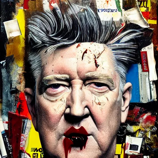 Image similar to hyperrealistic, photorealistic, mixed media oil painting of david lynch in 2 0 2 2, magazine scraps, plaster, blood, oil, mustard, cigarettes, splatter, greg rutkowski, basquiat, ralph steadman, terry gilliam