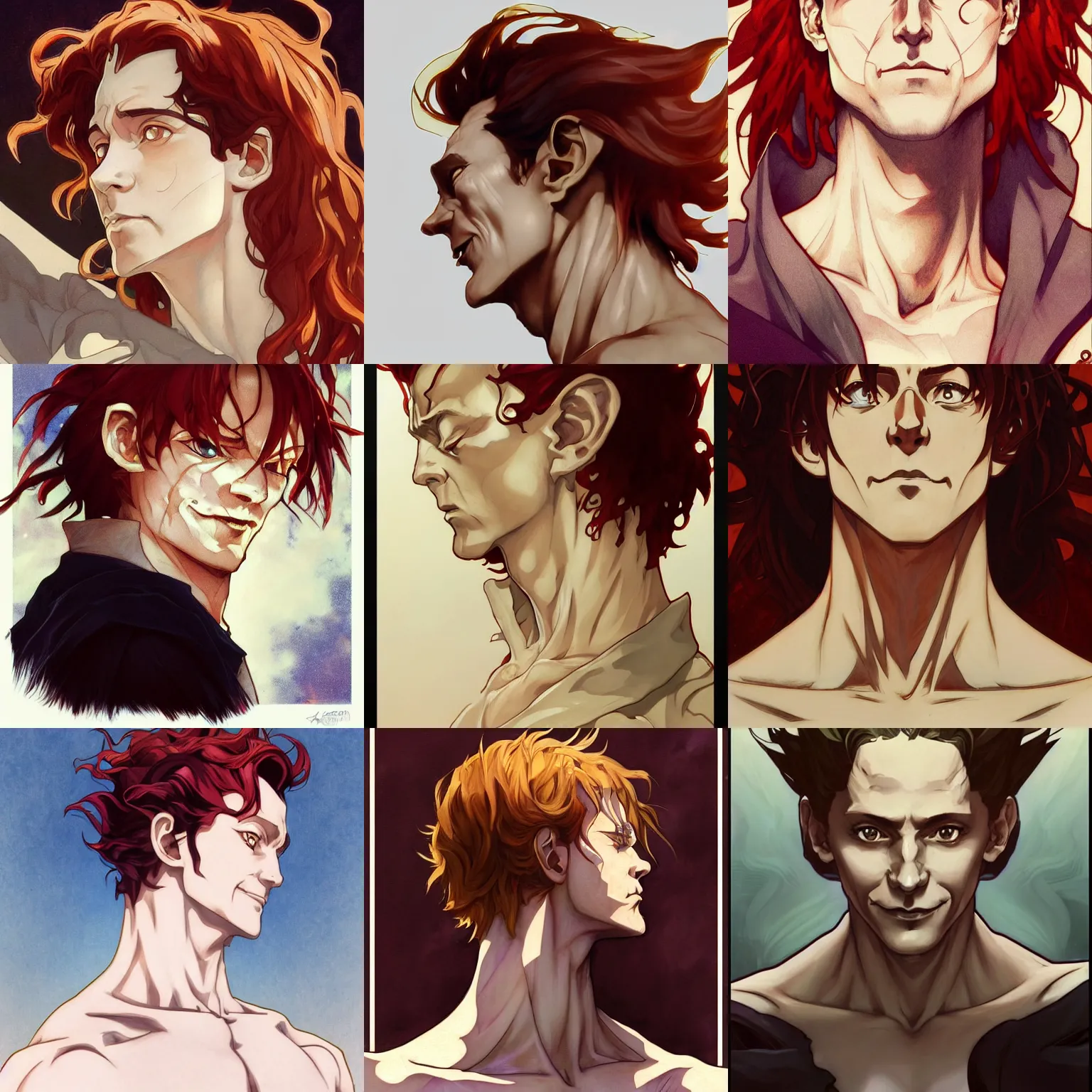 Prompt: hisoka, cel - shaded animesque art by artgerm and greg rutkowski and alphonse mucha, tom hiddleston, smooth white skin, smirking face, reddish hair, d & d, fantasy, portrait, highly detailed, side profile, digital painting, trending on artstation, concept art, sharp focus, illustration