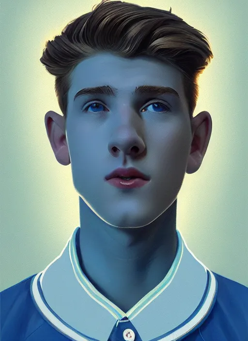 Image similar to portrait of a high school senior boy named moose mason, blonde short hair, jock, beefy, square jaw, square facial structure, 1 9 5 0 s, blue varsity jacket, intricate, elegant, glowing lights, highly detailed, digital painting, artstation, concept art, smooth, sharp focus, illustration, art by wlop, mars ravelo and greg rutkowski