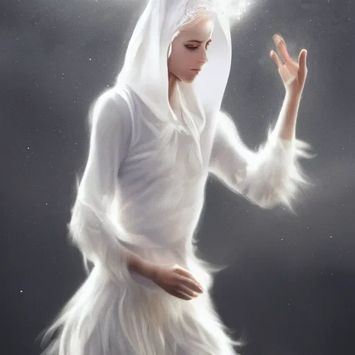 Image similar to white female dancing goat weared with white veils, matte painting, cinematic, epic composition, detailed, atmospheric, wide angle, artstation trending