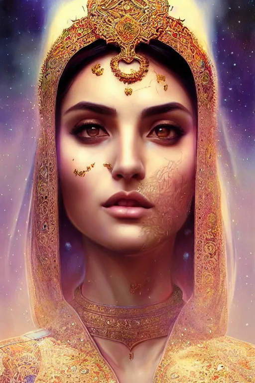 Image similar to Beautiful portrait of an attractive Persian Princess who is an architect, beautiful princess, face painting, persian architecture, dramatic lighting, intricate, wild, highly detailed, digital painting, artstation, concept art, smooth, sharp focus, illustration, art by artgerm and greg rutkowski and alphonse mucha, footage from space camera