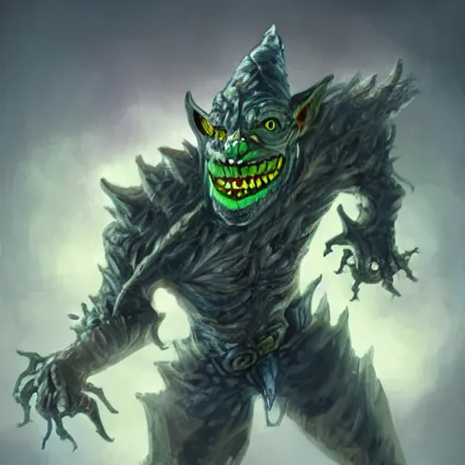 Image similar to a highly detailed goblin with grey skin and blue eyes that glow, with a tornado in his hand, like magic the gathering, goblin chainwalker, digital art, by christopher rush