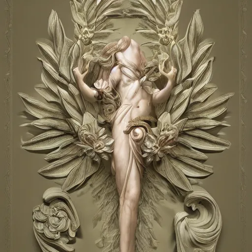Prompt: beautiful classical holy decorative ornament, sacred ceremonial wings spread, eyeball, acanthus scrolls, lilies, ivy, anatomy, energy, geometry, magnolia, bones, petals, stems, dripping paint, fibonacci rhythm, artstation, art germ, wlop