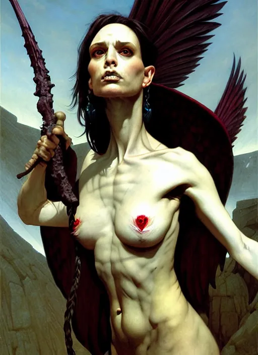 Image similar to harpy, full body, savage, realistic, dnd character art portrait, dark fantasy art, matte fantasy painting, deviantart artstation, by jason felix by steve argyle by tyler jacobson by edgar maxence and caravaggio and michael whelan and delacroix