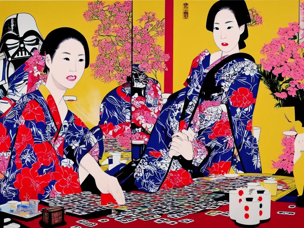 Image similar to hyperrealistic composition of the detailed woman in a japanese kimono sitting at a poker table with detailed darth vader, fireworks, mount fuji on the background, pop - art style, jacky tsai style, andy warhol style, acrylic on canvas