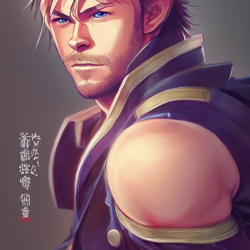 Image similar to anime portrait of Chris Hemsworth as an anime man by Stanley Artgerm Lau, WLOP, Rossdraws, James Jean, Andrei Riabovitchev, Marc Simonetti, and Sakimichan, trending on artstation