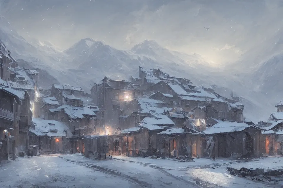 Prompt: highly detailed painting of kreta, winter, snow, dystopia, by greg rutkowski, by raphael lacoste, 4 k resolution, trending on artstation