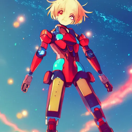 Prompt: digital anime art, very small cute girl standing on a large table, red mech arms and red mech legs, blue watery eyes!!!, short