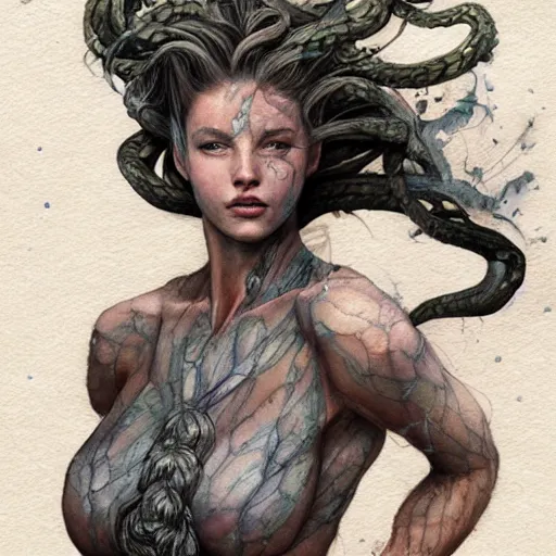 Image similar to full body sketch of a beautiful young medusa, perfect anatomy, full body, watercolor background, pencil art, ink and pencil, hyperrealistic, hyperdetailled, digital art, greg rutkowski, artstation, 8 k, beautiful drawing, paper texture, spray paint, watercolors