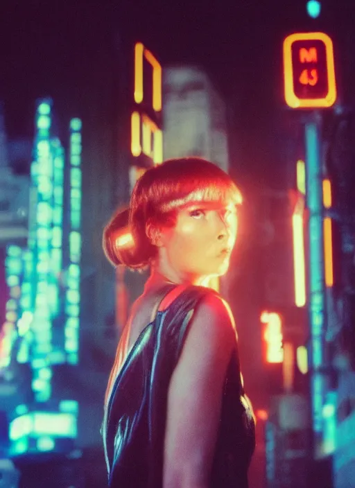 Image similar to A hyper realistic and detailed head portrait photography of a Rachael of Blade Runner on a futuristic street. by Cameron Hammond. Neo noir style. Cinematic. neon lights glow in the background. Cinestill 800T film. Lens flare. Helios 44m