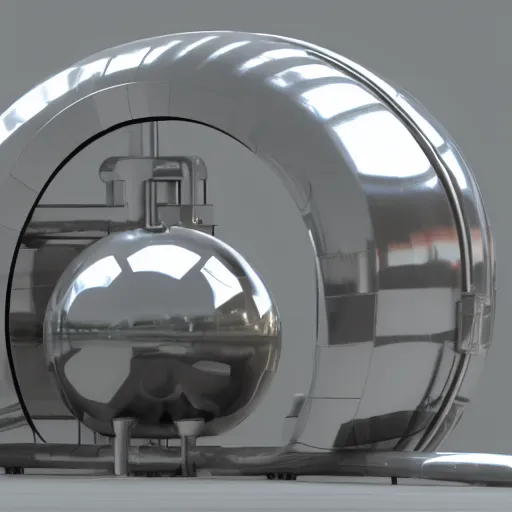 Image similar to big metallic capsule connected to pipelines, purpose is pump, standing in large industrial hall, designed by best engineers, raytracing, reflections