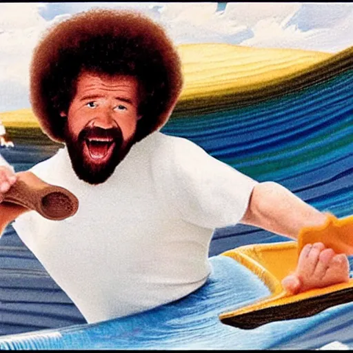 Image similar to bob ross sliding down a giant slide and screaming