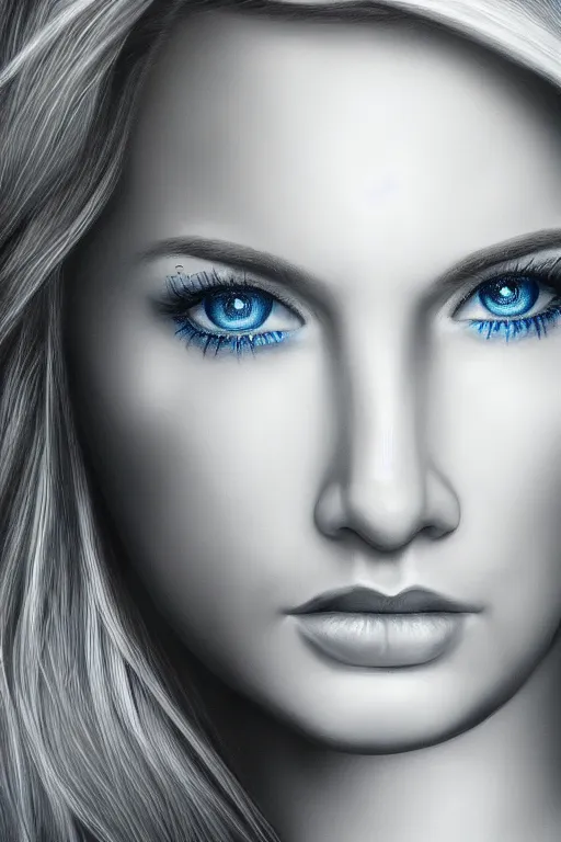 Image similar to young pretty woman portrait, blonde, blue eyes, hyper realistic, sharp focus