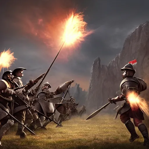 Image similar to Photo of a middle age era war, 8k, dramatic lighting, ultra-realistic, flags