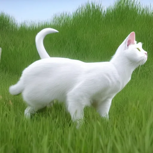 Image similar to a white cat with green eyes standing in a field, unreal engine, detailed