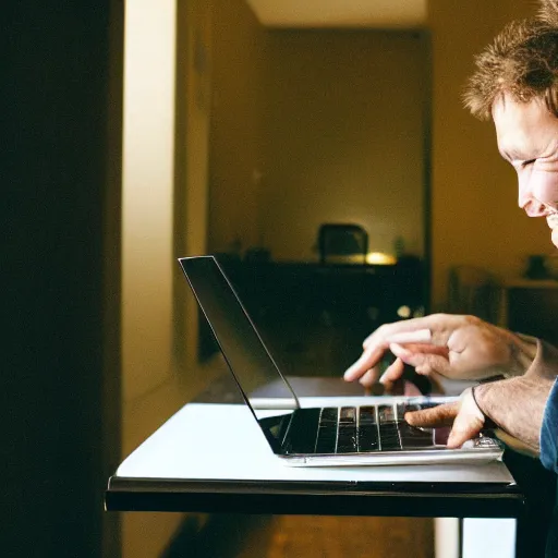 Image similar to guy looking at a laptop screen laughing, photograph, 35mm