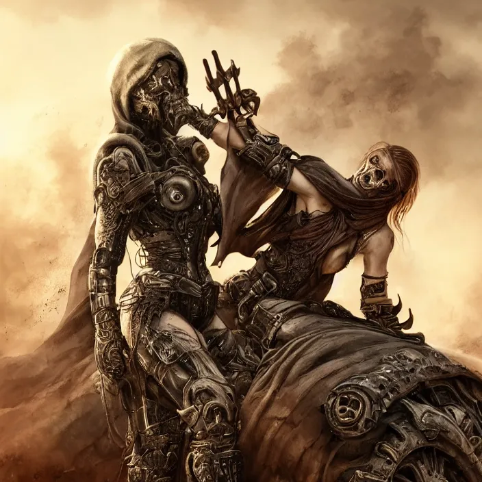 Image similar to beautiful apocalyptic woman in hooded cloak, standing on mad max muscle car, hyper-detailed, smooth, sharp focus, 4k ultra hd, fantasy dark art, tank girl, artgerm, artstation, octane render, elegant, detailed digital painting, apocalyptic art, gears of war, unreal engine, cryengine